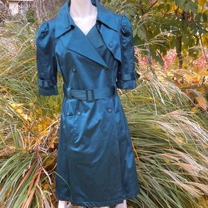 ELLE Teal satiny pleated trench coat 1/2 sleeve szMED